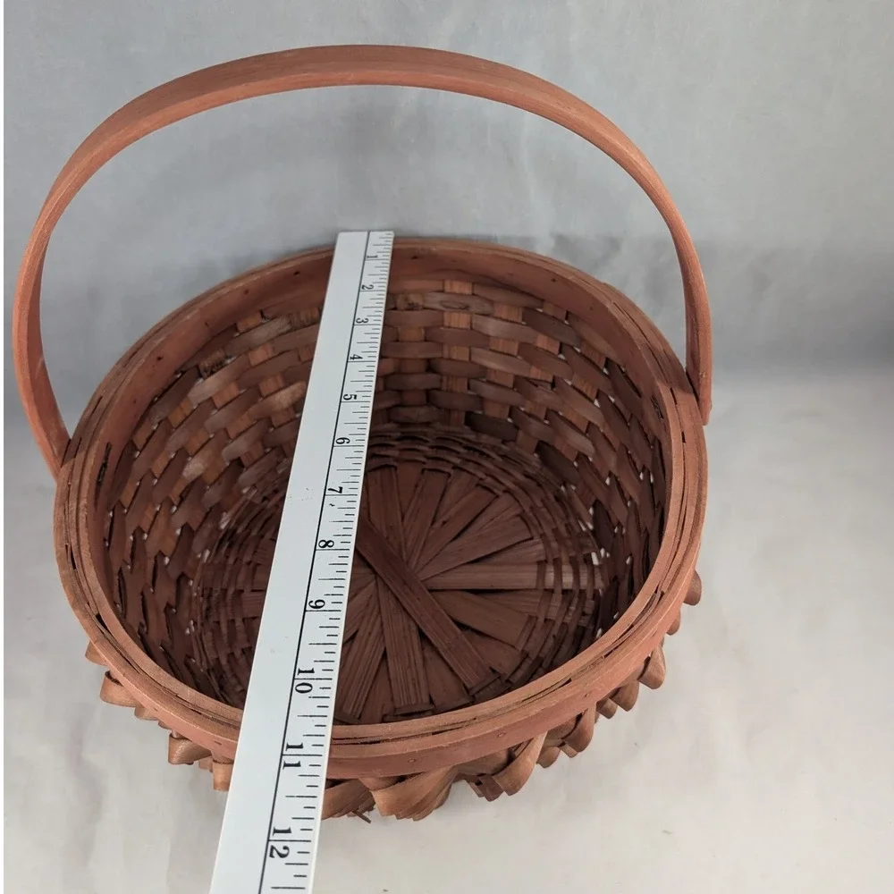 Vtg Porcupine Curl Wicker Basket Round Hand Woven Wood Handle Brown Farmhouse